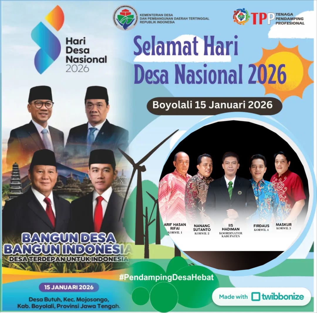SEMARAK HARI DESA NASIONAL 2026
Bangun Desa Bangun Indonesia
Desa Terdepan Untuk Indonesia
Boyolali. Kamis 15 Januari 2026  

<a href="/prabowo/">Prabowo Subianto</a>
<a href="/gibran_tweet/">Gibran Rakabuming</a>
<a href="/YandriSusanto/">Yandri Susanto</a>
<a href="/ArizaPatria/">Ariza Patria</a>
<a href="/kemendespdt/">#BangunDesaBangunIndonesia</a>
 <a href="/desapenusantara/">desapesonanusantara</a>
<a href="/bpsdmkemendesa/">Bpsdm Kemendesa</a>
#HariDesaNasional2026
#BangunDesaBangunIndonesia