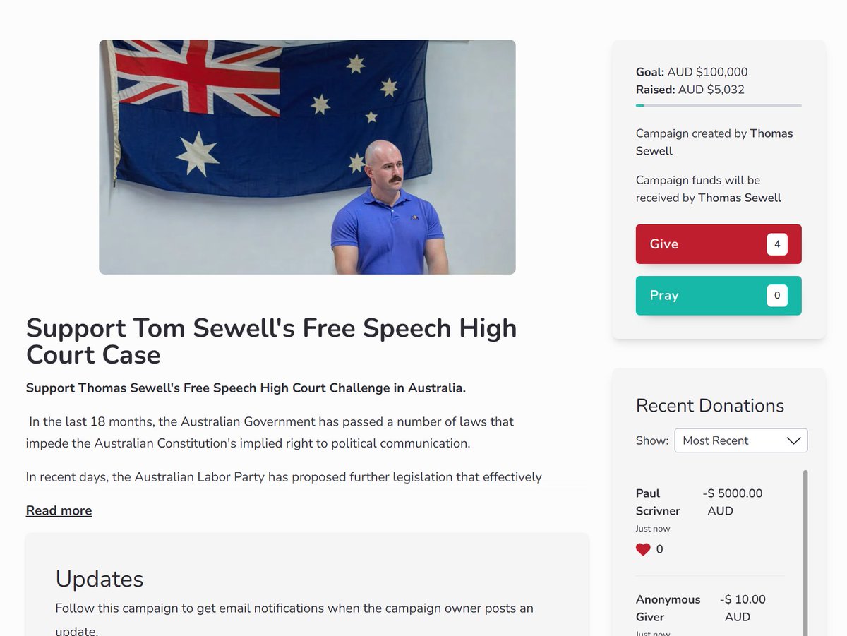 ryanasanchez's tweet image. Australian Nationalist Thomas Sewell launches GiveSendGo  "to challenge the anti-free speech laws in Australia, and to prepare a High Court challenge to the recently proposed legislation that threatens political organisers with 15 years in prison for opposing the Governments…