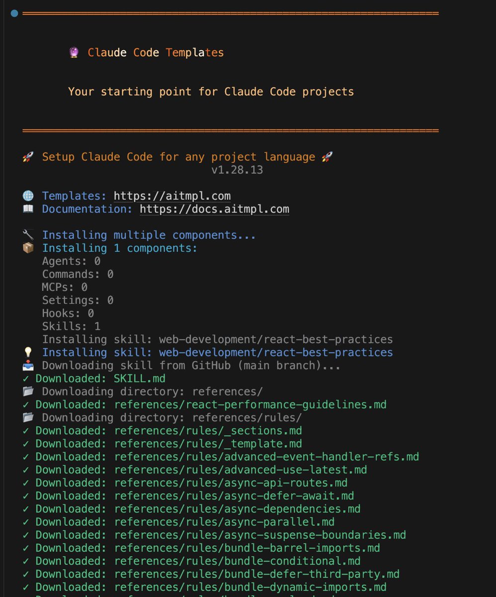 Vercel just dropped the React bible as a Skill you can use in Claude Code

Install it with a single command:
npx claude-code-templates@latest --skill=web-development/react-best-practices --yes

Link: aitmpl.com/component/skil…

Done ✅