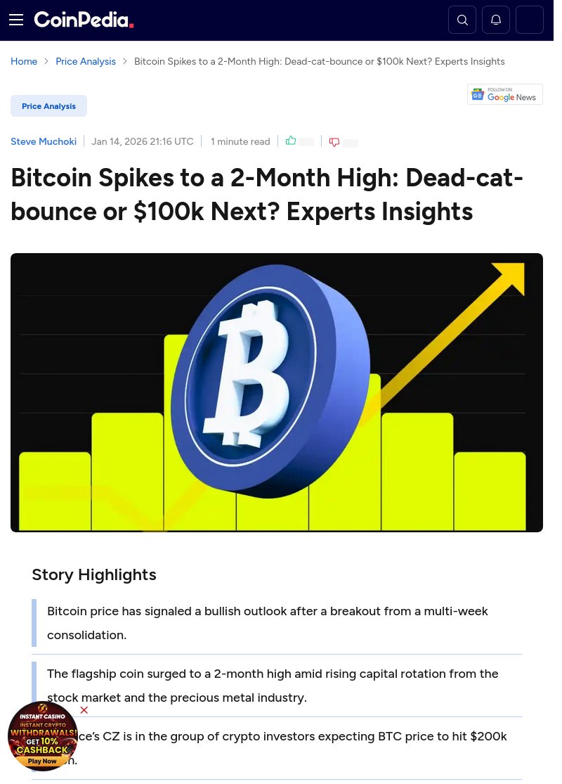 BREAKING NEWS : Bitcoin spikes to a 2-month high, experts weigh in on  whether a dead-cat-bounce or $100k next. https://t.co/hGECUAW1dq #Bitcoin  #PriceSurge #MarketAnalysis