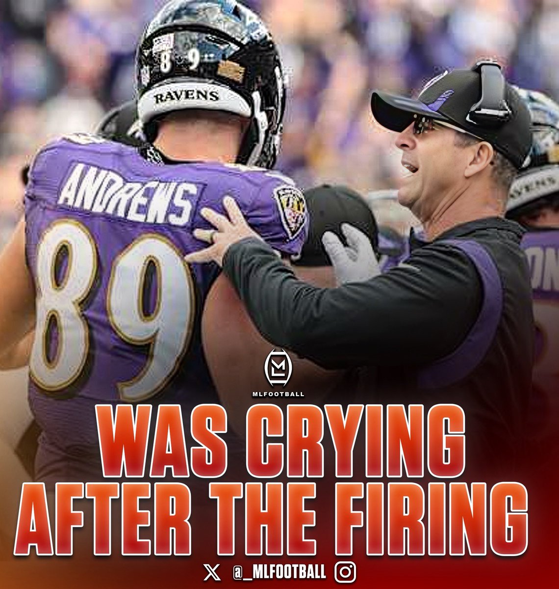 MLFootball's tweet image. HEARTBREAKING: #Ravens star tight end Mark Andrews was CRYING in head coach John Harbaugh‘s office after Baltimore fired John.

💔

John was extremely close with many of his players in Baltimore, hosting them at his home regularly and always going out of his way to support them.