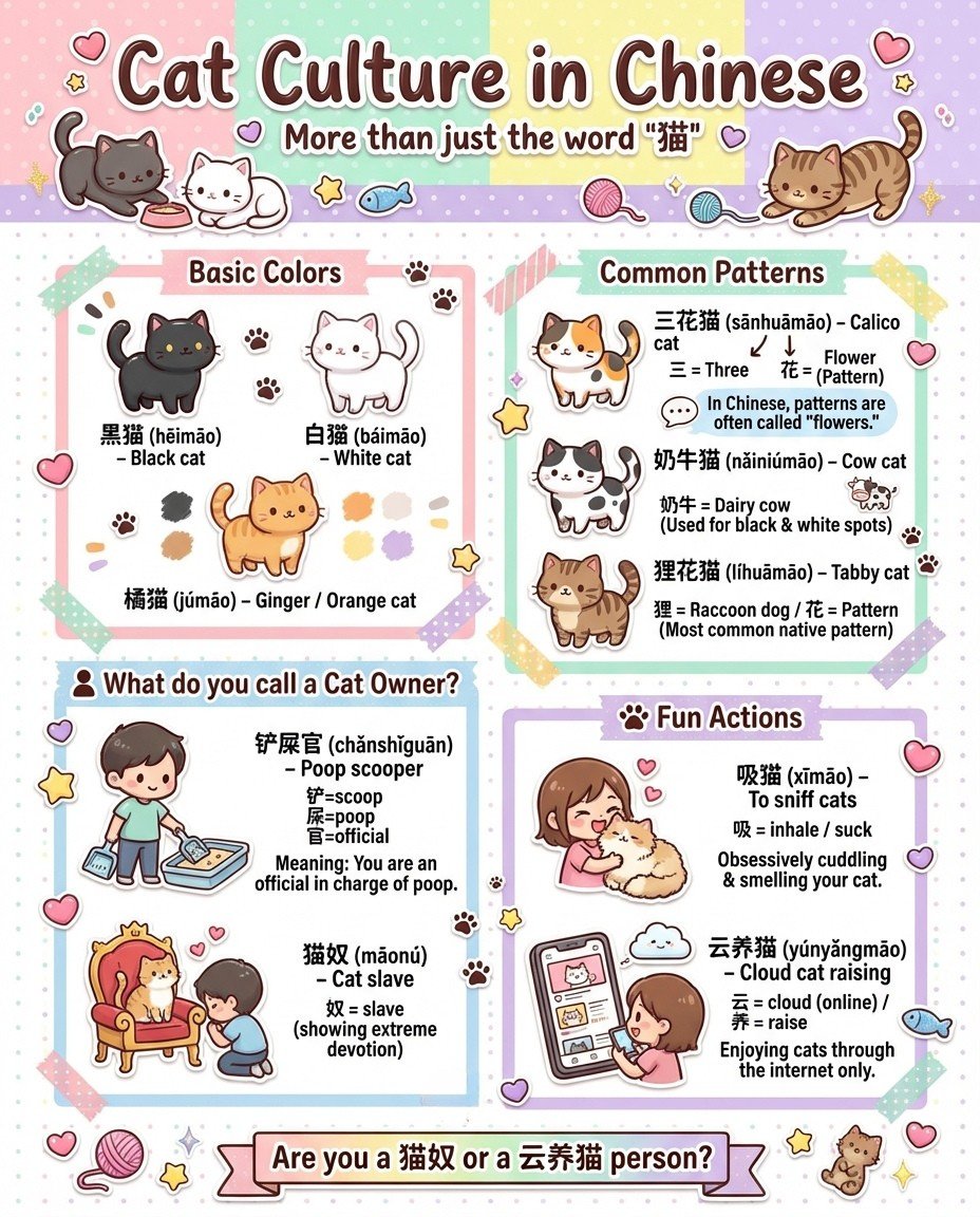 You don’t “own” a cat in Chinese…😽
you become an 铲屎官 🧹🐈

铲屎官 literally means “the official in charge of poop.” 💩
猫奴 means “cat slave.”

And yes! 吸猫 is a real verb.

Language reflects how people feel about everyday life.
Cats included. 🐈‍⬛

Are you a 猫奴 or a 云养猫