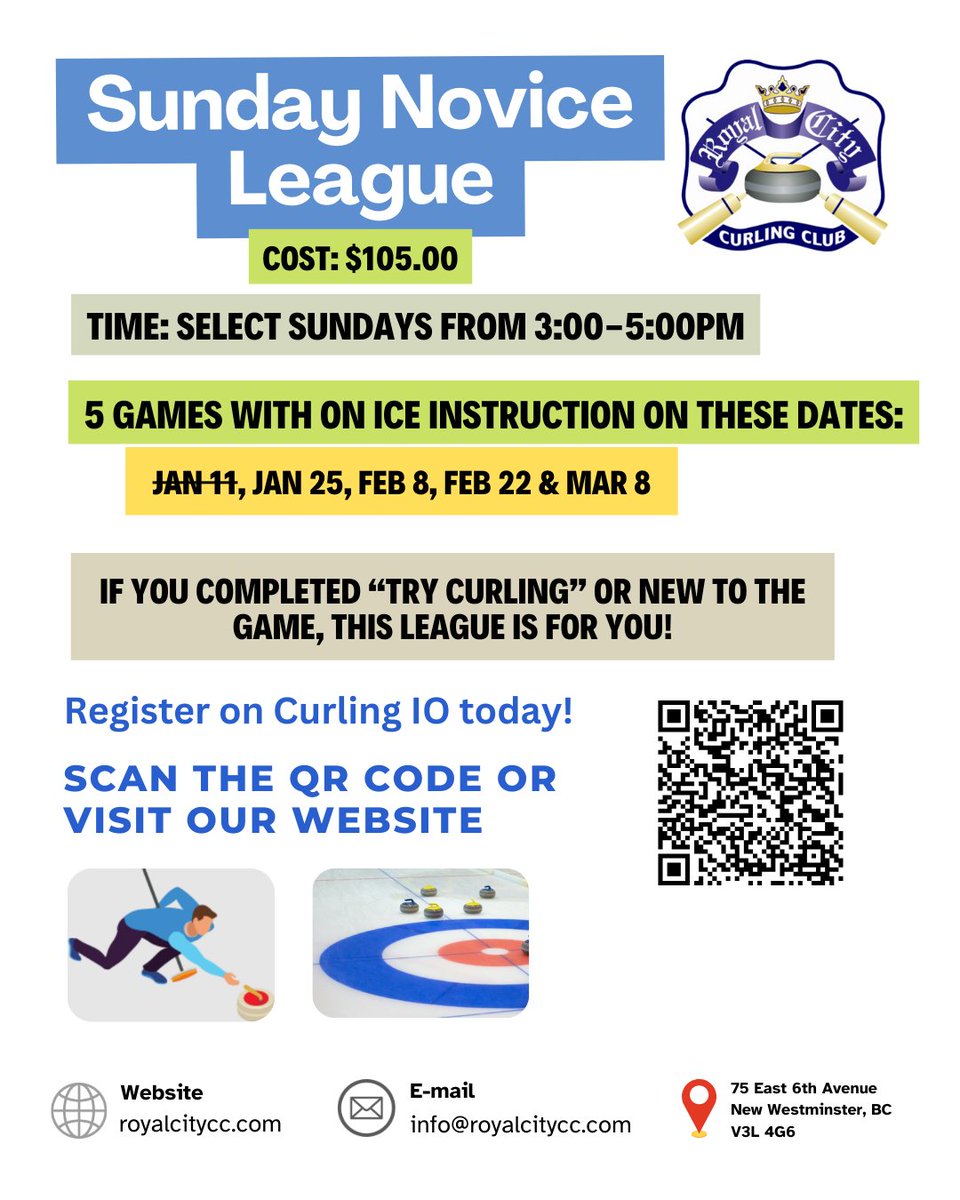 RoyalCityCC's tweet photo. New to curling and eager play some games? You can still sign up for the next 4 sessions in the Sunday Novice League on select Sundays listed from 3:00-5:00pm. Next date is Sun Jan 25.

For more info and to register, visit https://t.co/e4YZ838Qrs https://t.co/JsqOzyXhy1
