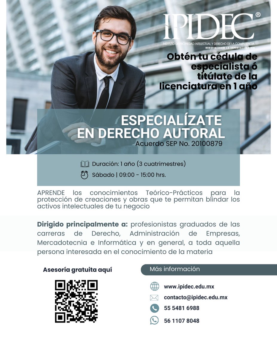 IPIDEC's tweet image. En IPIDEC sabemos que el futuro pertenece a quienes dominan los derechos que protegen la creatividad, la innovación y el conocimiento.

✨ Conoce más y elige el área que impulsará tu perfil profesional.

 ✉️ correo: contacto@ipidec.edu.mx