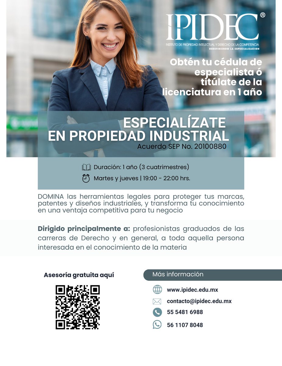 IPIDEC's tweet image. En IPIDEC sabemos que el futuro pertenece a quienes dominan los derechos que protegen la creatividad, la innovación y el conocimiento.

✨ Conoce más y elige el área que impulsará tu perfil profesional.

 ✉️ correo: contacto@ipidec.edu.mx