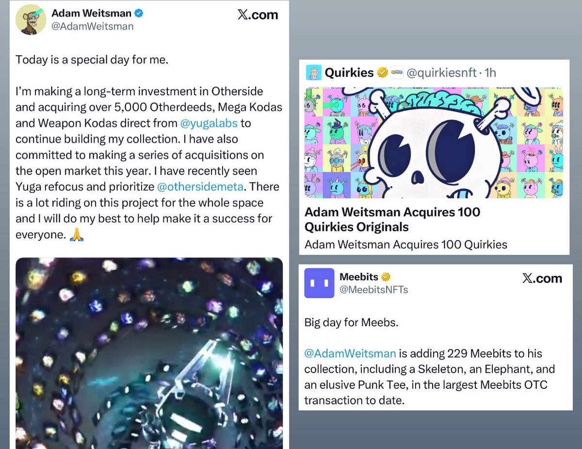 Another day, another major <a href="/AdamWeitsman/">Adam Weitsman</a> acquisition 👀

Adam just acquired 100 Quirkies in an OTC deal. This acquisition adds to the list of his prolific NFT acquisitions including:
> acquiring 5000 Otherdeeds from Yuga
> acquiring 229 Meebits in an OTC deal

On top of this,