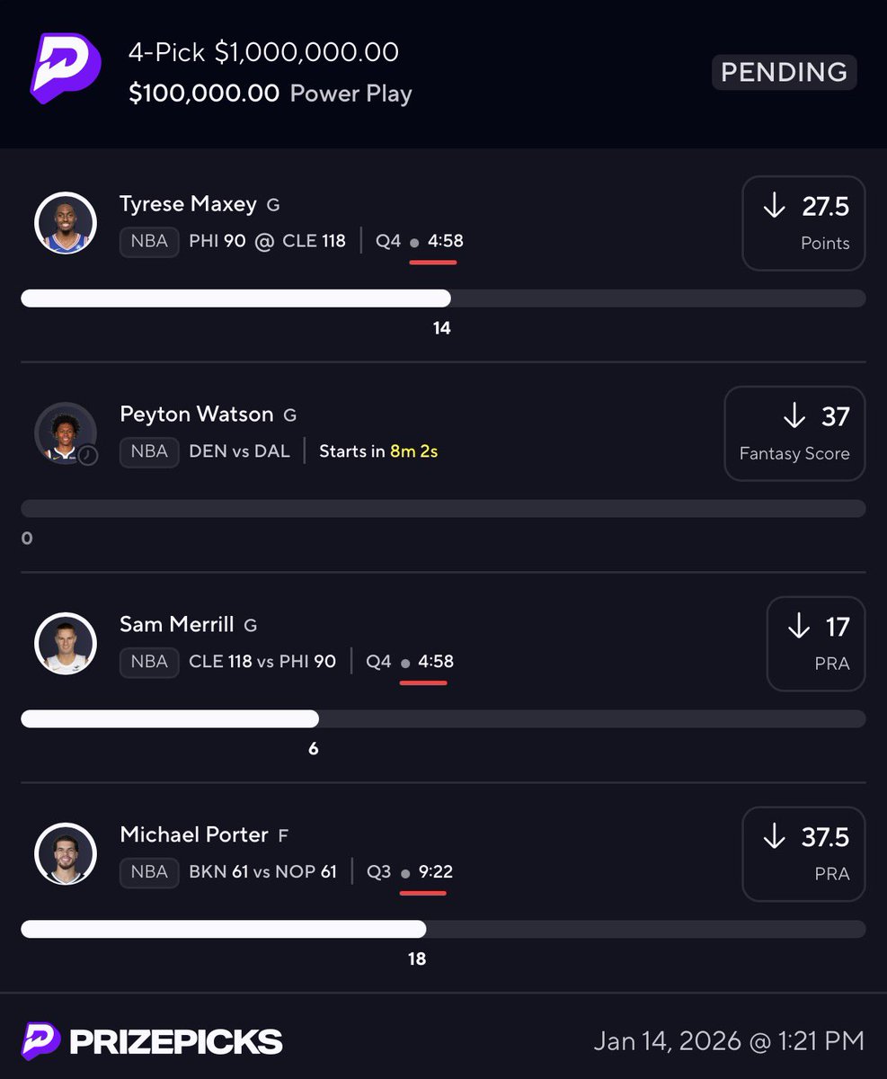 $250 to 15 random followers who:

LIKES + RTs when this cashes🤑

Peyton Watson under for $1 million…