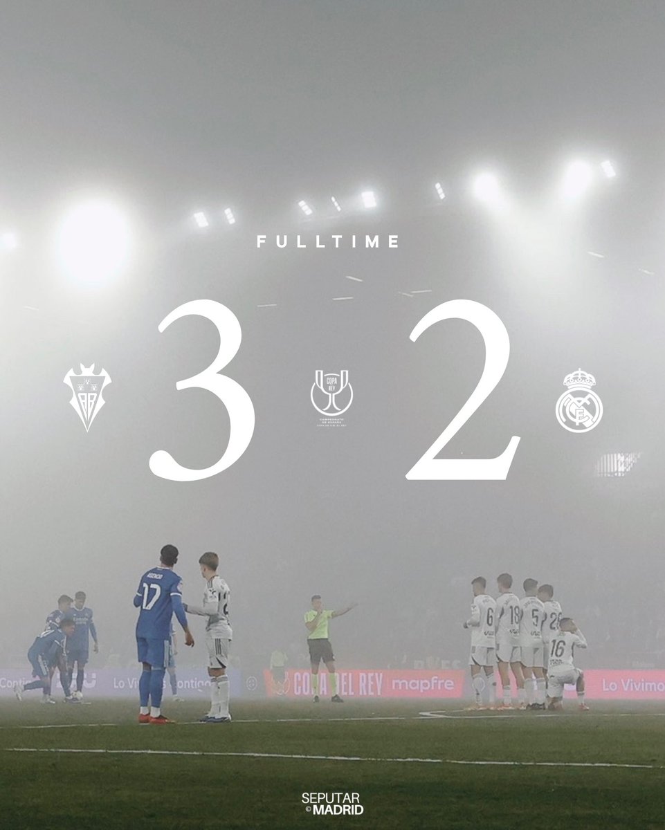 🏁 REAL MADRID ARE ELIMINATED FROM COPA DEL REY 2025/26.

Albacete 3-2 Real Madrid

⚽ 42' Javier Villar
⚽ 45'+3' Mastantuono
⚽ 82' Jefté T.
⚽ 90'+1' Gonzalo
⚽ 90'+4' Jefté T.

#CopaDelRey