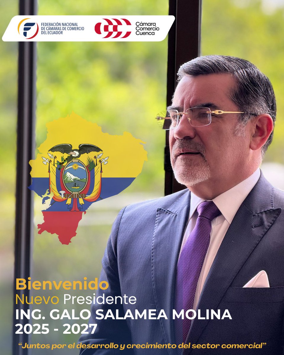 fedecamaras_ecu's tweet image. Damos la bienvenida al Ing. Galo Salamea Molina, quien asume la Presidencia, para el período 2025–2027. 

Su liderazgo fortalecerá la institucionalidad gremial, el diálogo público-privado y la defensa del sector productivo, en favor del desarrollo económico del país.