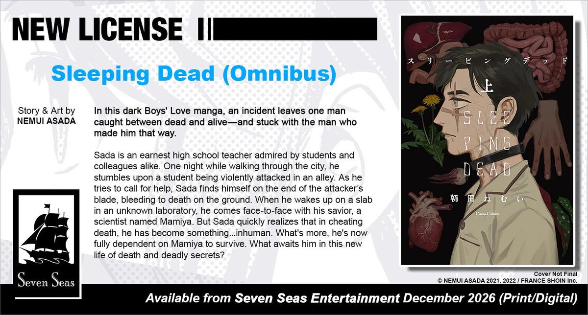 gomanga's tweet image. Brand-new license announcement! SLEEPING DEAD (OMNIBUS) by NEMUI ASADA. In this dark Boys’ Love/#BL manga, an unfortunate incident leaves one man caught between dead and alive—and stuck with the man who made him that way.

sevenseasentertainment.com/2026/01/14/sev…