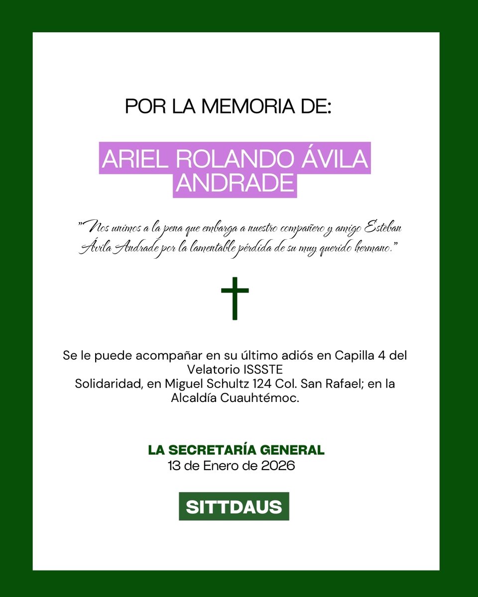sittdaus's tweet photo. Lamentamos el sensible fallecimiento de ARIEL ROLANDO ÁVILA ANDRADE, muy querido hermano del Secretario de Actas y Acuerdos del SITTDAUS Esteban Ávila Andrade. Le deseamos pronta recuperación y QEPD su deudo. https://t.co/nndymfJcuI