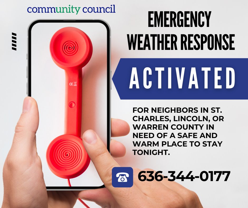 EWR Activated Today – 1/14/26
The Emergency Weather Response Hotline activates at 3:00 p.m. 📞 636‑344‑0177. Transportation and pet arrangements may be available. Please share with anyone needing a warm place tonight.