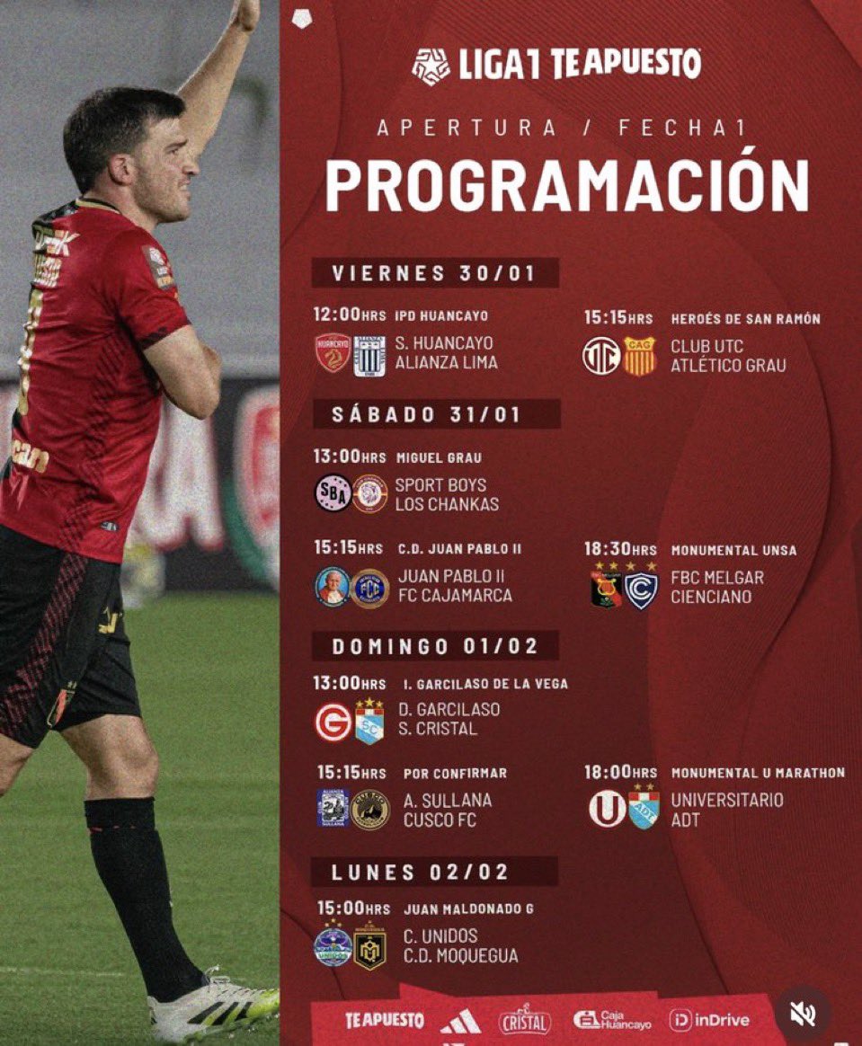 Date and time offical for Sporting Cristal to kick off their 2026 Liga 1 season

February 1st at 1:00PM Peru time / EST

Away match vs Deportivo Garcilaso