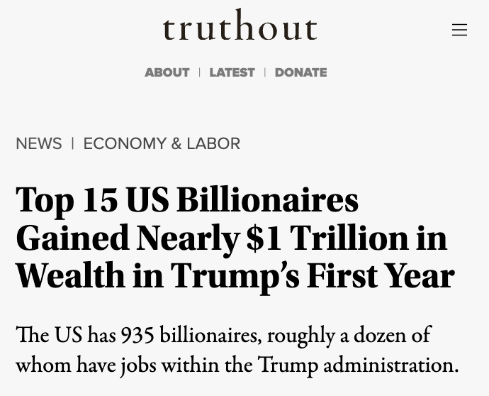 RBReich's tweet image. U.S. billionaires got an astounding $1.5 TRILLION richer in the first year of Trump's second term. 

Remember — this is happening as they get even more tax cuts in exchange for the social safety net being cut for everyone else. 

"New Golden Age" for who?