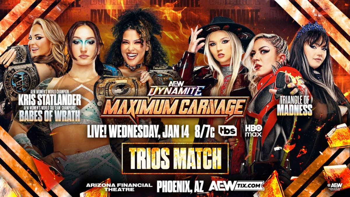 ProWrestlingPST's tweet photo. Statlander &amp; the Babes of Wrath have been on a roll recently. But the Triangle of Madness has been a thorn in their sides for months now. Who will gain the advantage in this long-time feud? 👀👇

#AEWDynamite IGNITE for 1/14/26 (Maximum Carnage 2026) https://t.co/0DtLlBB9Ov #AEW https://t.co/IGzOVLYiSr