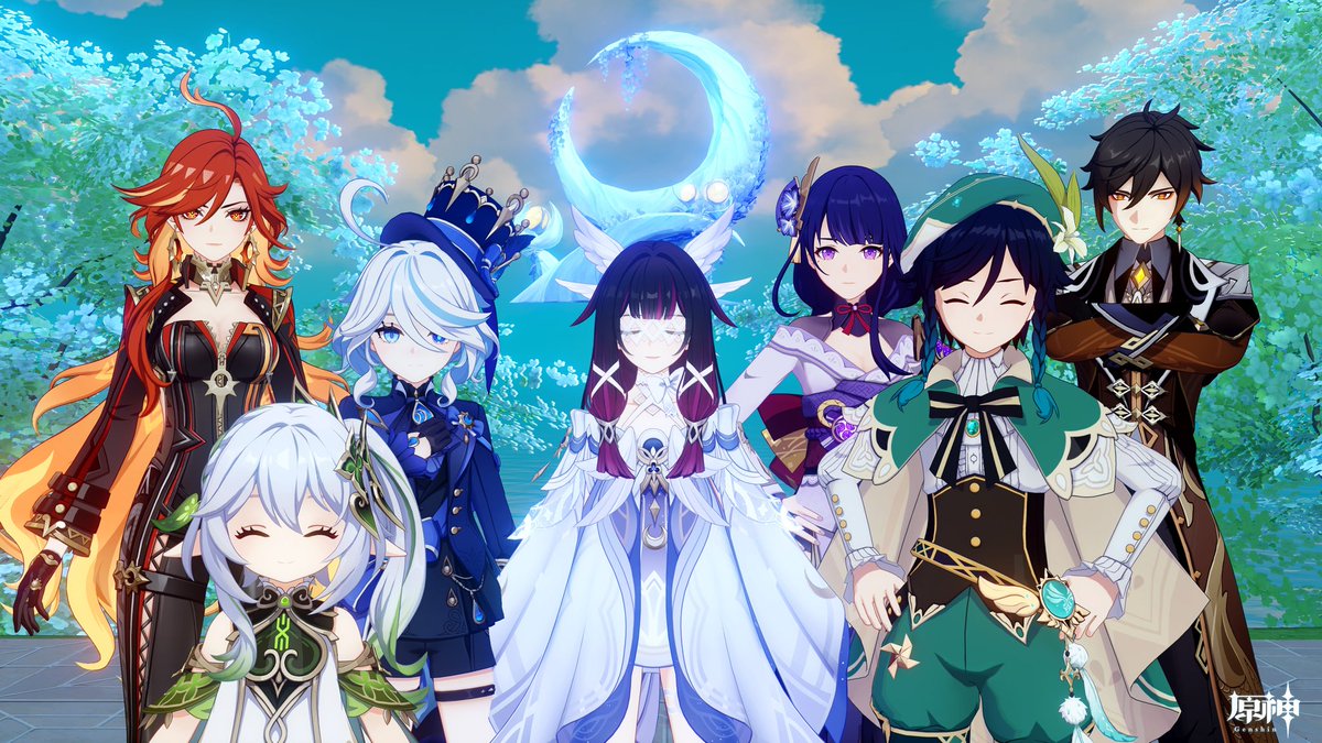 ui_dodoco's tweet image. 月神が来たので恒例の…集合！📸
🔥🌱💧🌙⚡🌀🪨
#原神