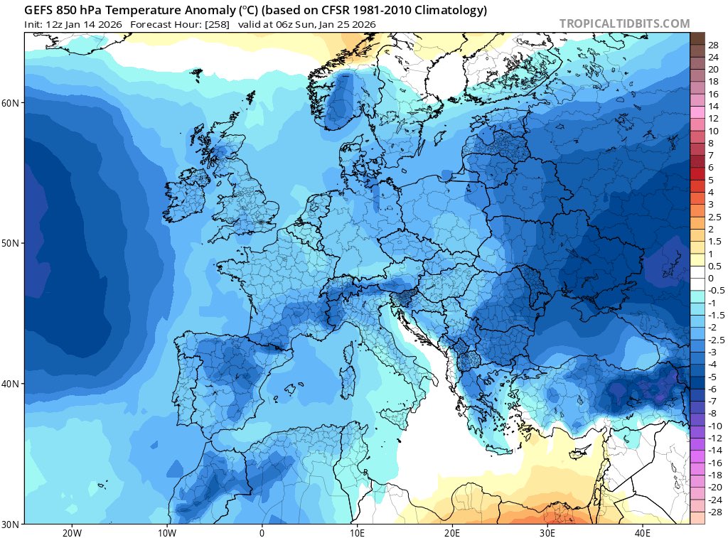 KH24weather's tweet photo. GEFS akşam ana kontrol:
23.24 Ocak civarı Balkanlar–Türkiye hattında soğuk havuz sinyali var.
Kritik nokta: savrulma mı, Türkiye’ye kilitlenme mi?
Adriyatik belirleyici.
Güçlü olursa etki sınırlı, zayıflarsa sistem Anadolu’ya iner. ❄️👀
#GEFS #Sibirya #KH24 https://t.co/Il15dSBKRm