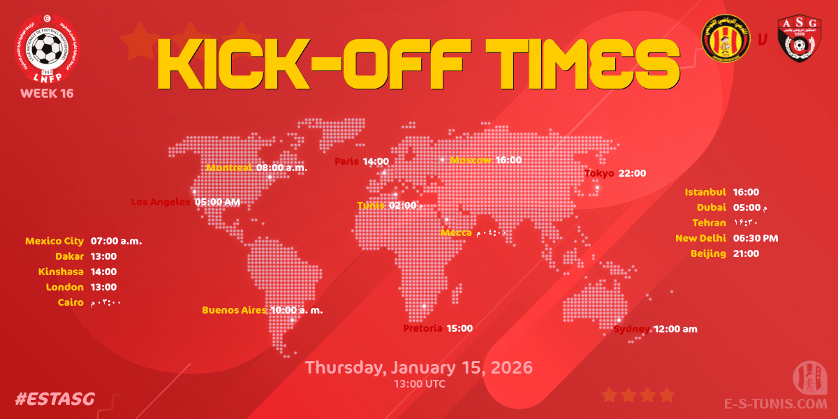 ESTuniscom's tweet photo. 🎗️ Reminder / تذكير / Rappel 

🕖 #Ligue1Tn🇹🇳 Week 16 #ESTASG | @ESTuniscom 🆚 #ASGabes : Global Kick-Off Times / توقيت المباراة / Heure du coup d'envoi https://t.co/LajKtJkeu7