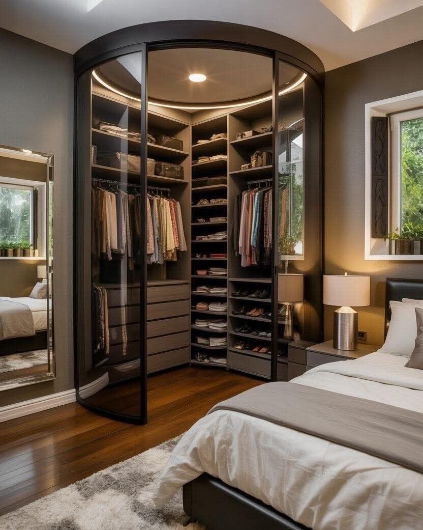 HOUSEPORN___'s tweet image. Never knew I needed a round glass closet until now