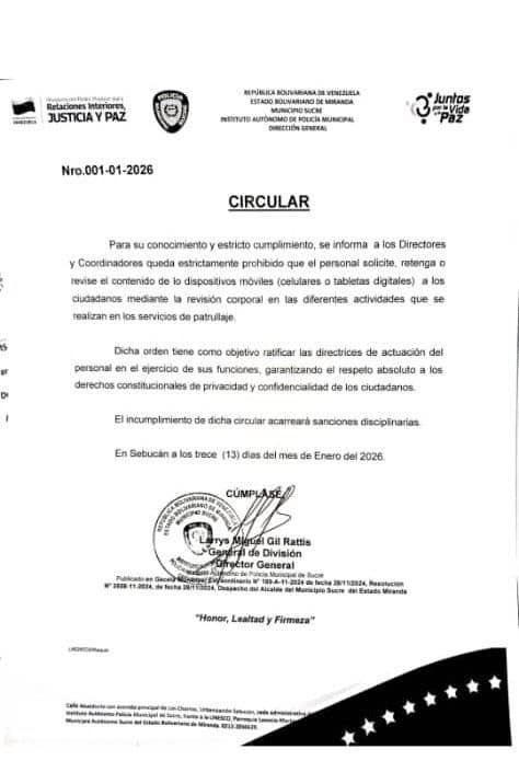 mmarquez0026's tweet image. Circular del Ministerio de interior “Justicia y paz” donde queda prohibida la revision de telefonos celulares a los ciudadanos en la calle. 
La PNB y la GNB se van a pasar ese comunicado por el forro. 
La oportunidad para robar a la gente tienen que aprovecharla.
