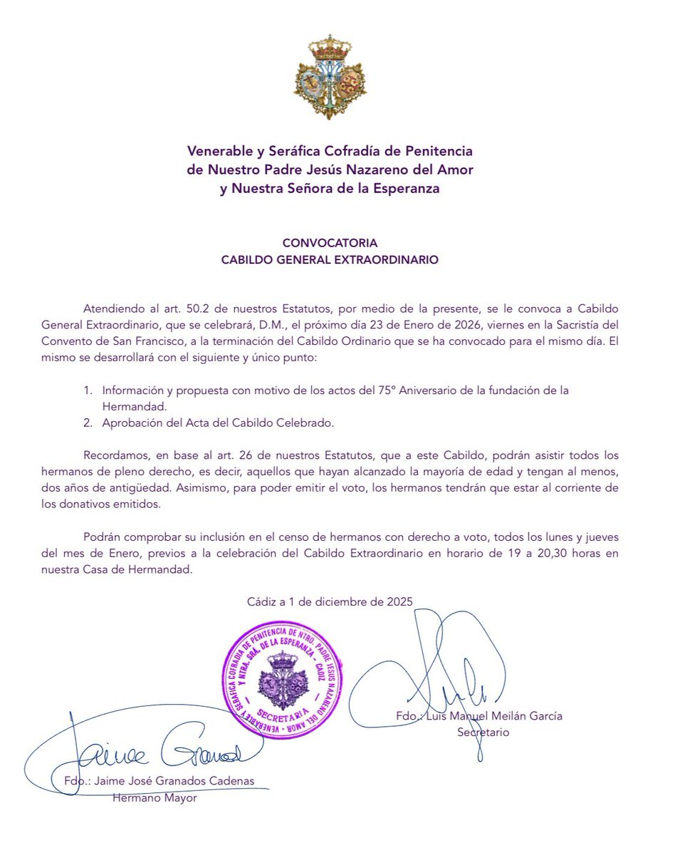 🟣⚪️ El Amor convoca Cabildo extraordinario para informar de los actos por su 75 aniversario.
<a href="/HdadAmorCadiz/">Hdad Nazareno del Amor Cádiz</a>

#CádizCofrade #Cádiz