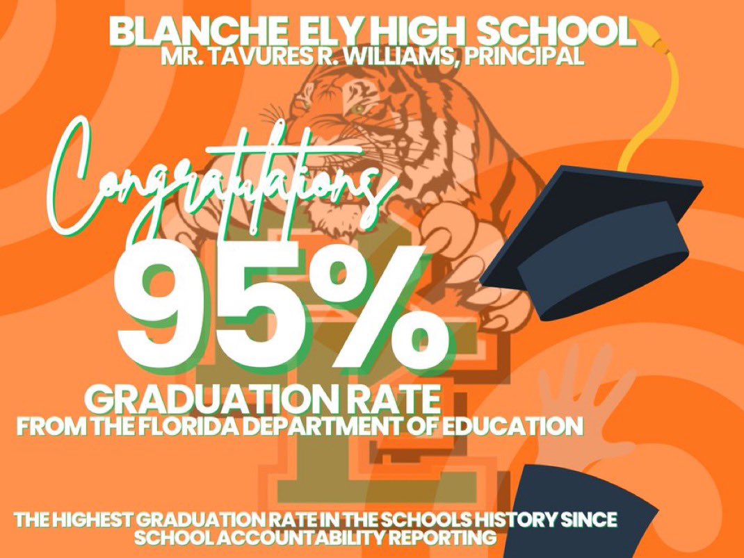 blanche_ely's tweet image. 🔥 Congratulations Blanche Ely High Making history! A record-breaking 95% graduation rate—the highest ever in the Florida DOE accountability era for BEHS! Let’s keep it going Tiger Pride 🐅🧡💚 #TigerPride #GraduationGoals @BCPSNorthRegion @BCPS_DeputySupt @browardschools