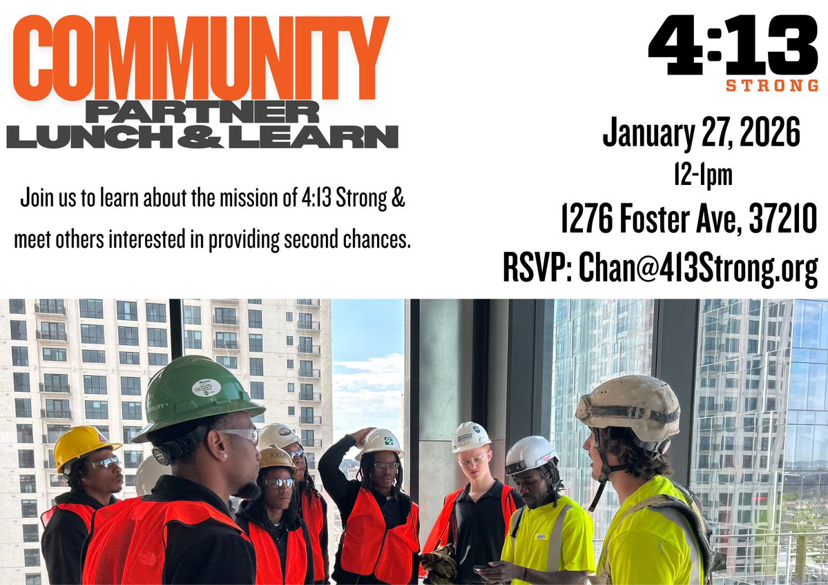 413Strong's tweet image. Can I buy you lunch? 🍴⁠
Join us for #Lunch &amp;amp; #Learn on 1/27 &amp;amp; see how you can support the work of @413Strong.⁠
📩 chris@413strong.org⁠
#LunchAndLearn #413Strong #Nashville