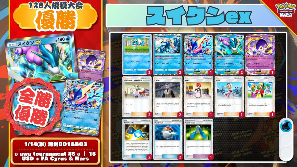 🌏 ポケポケ 大会結果｜1/14(水) 🌏 『スイクンex』が無敗11連勝で全勝