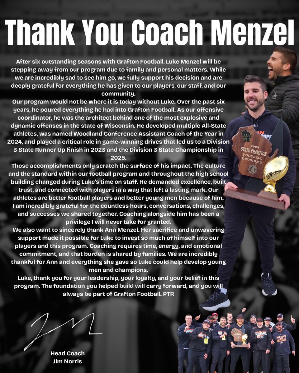 Thankful beyond words for Luke Menzel. Six years of elite coaching, relentless standards, and unforgettable memories, capped by a 2025 State Championship. Grafton Football is better because of you and Ann. Once a Hawk, always a Hawk. PTR