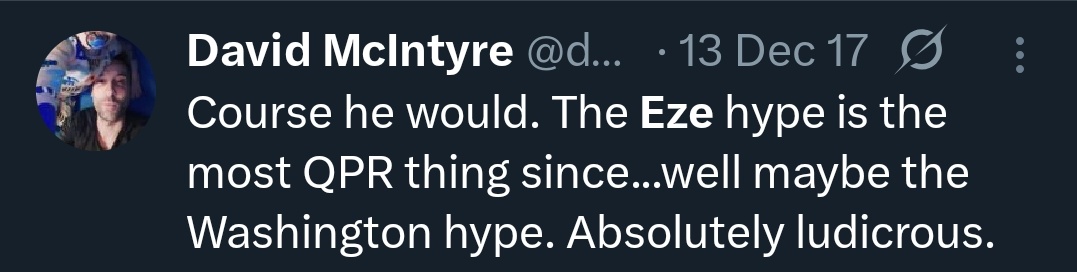 WillQPR's tweet image. David McIntyre also described Eze as a hype job. 

Compared Eze to Connor Washington and said Luke Freeman better than him.