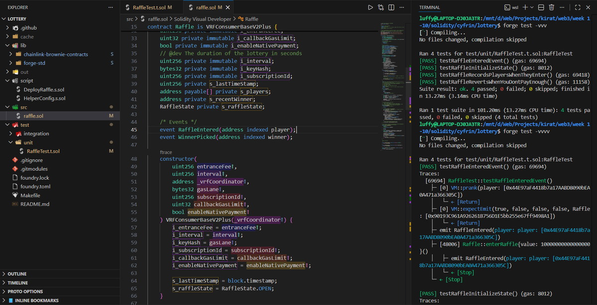 Bot_Er1's tweet photo. Today I learned about vm.roll and vm.wrap, then wrote some tests for the raffle contract. Also figured out how to test emit events and dug into sweet practices like Arrange, Act, and Assert for testing! 
GN💤folks
#Solidity #SmartContractTesting #Foundry #BlockchainDev #Coding https://t.co/RNrURPbTrU