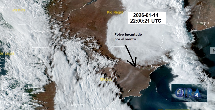 Atención Rawson, Trelew y alrededores: 
Con el ingreso de un importante frente frío se prevé un marcado incremento de la intensidad del viento del sudoeste en la próxima hora. En la imagen GOES19 se observa polvo levantado por el viento.