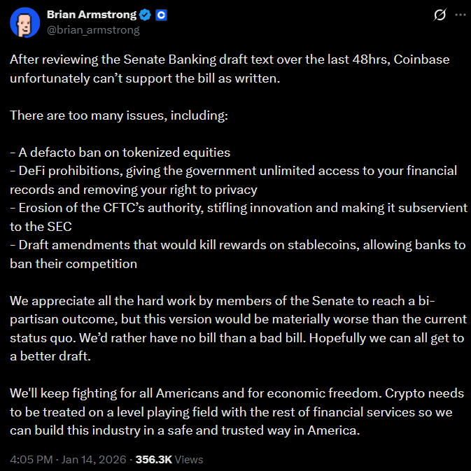 I keep seeing people read Brian Armstrong’s post like it’s
“crypto vs banks” or “good vs evil.”

I don’t think it’s that simple.

This isn’t really about being pro-crypto anymore, it’s about which crypto business model survives.

And to be fair, Brian isn’t speaking as “crypto.”
