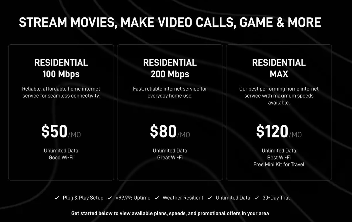 SawyerMerritt's tweet image. NEWS: SpaceX has introduced new residential @Starlink service plans in the U.S.

• Residential 100 Mbps: $50/month
• Residential 200 Mbps: $80/month
• Residential Max: $120/month (max speeds, comes with free Starlink Mini Kit for travel)