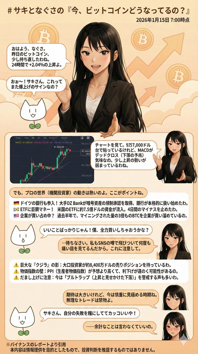 ビットコインは強いですね。 ビットコインの概況をGeminiに作ってもらいました。 今日の解説担当は、クールビューティーなサキさんです。 #btc  #なぐさ #サキ ↓