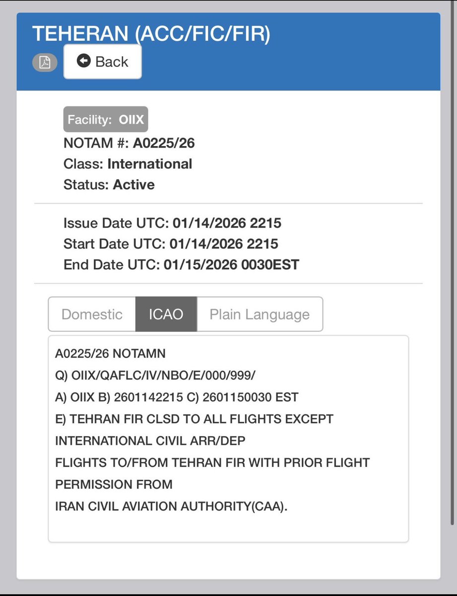 美国之声—伊朗关闭领空】2026年1月14日，伊朗发布航空通告（NOTAM），宣布关闭全国全部空域，禁止所有商业航班飞行，唯一例外是事先获得伊朗民航组织批准的国际航班。  #伊朗关闭领空#