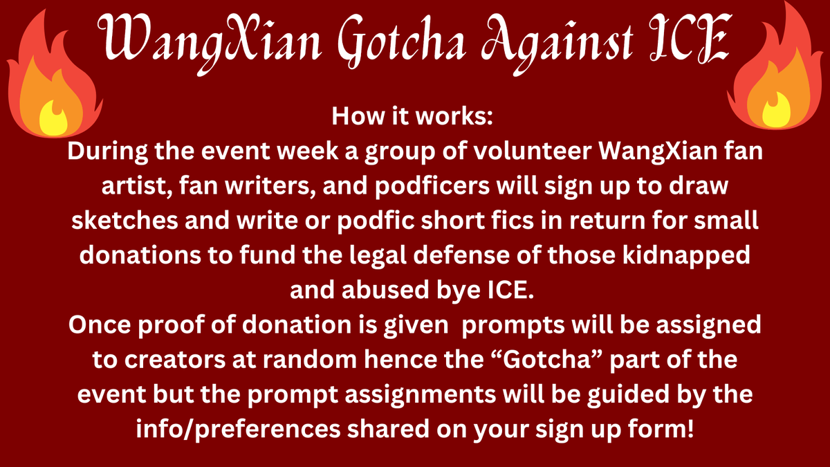 🔥CREATOR SIGN UPS FOR THE WANGXIAN GOTCHA AGAINST ICE ARE NOW OPEN🔥

ICE is kidnapping people, keeping them in inhumane conditions and horrifically abusing them. Let's channel our love of WangXian into fighting back!!

forms.gle/XprJ9x8UX7bYYR…