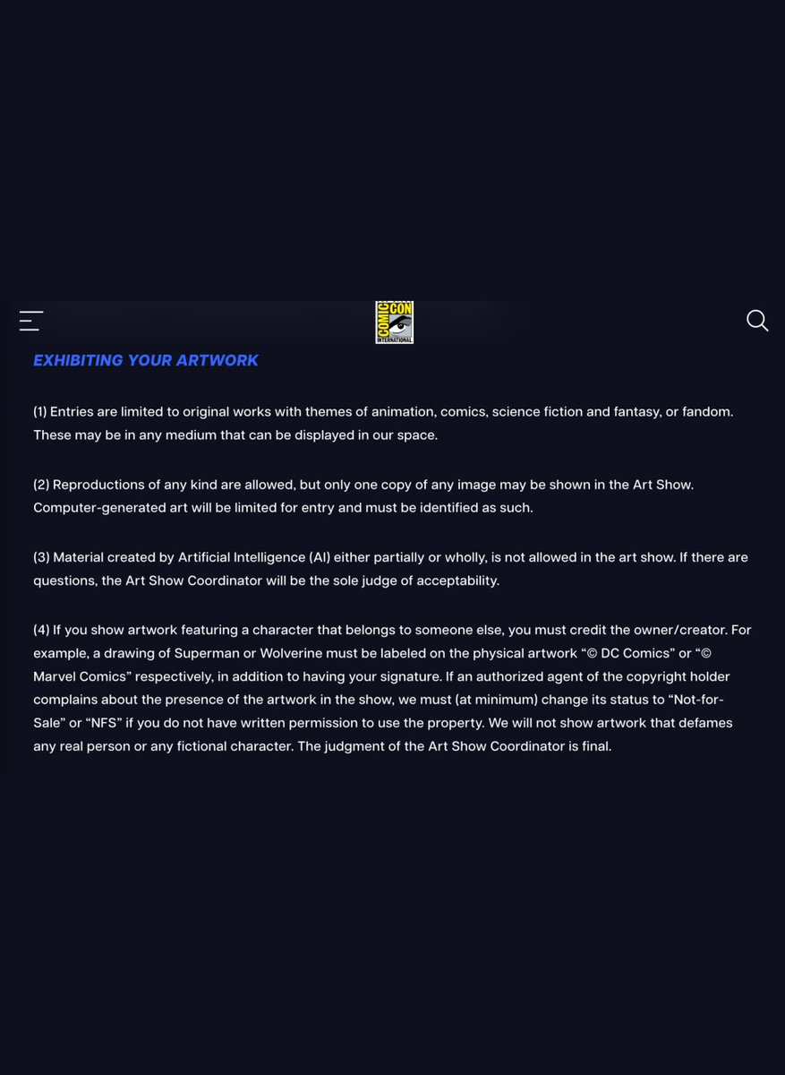 Left is what it originally said, right is what it says now

Website was quietly updated overnight 

h/t <a href="/kortizart/">Karla Ortiz</a> 

comic-con.org/cc/things-to-d…