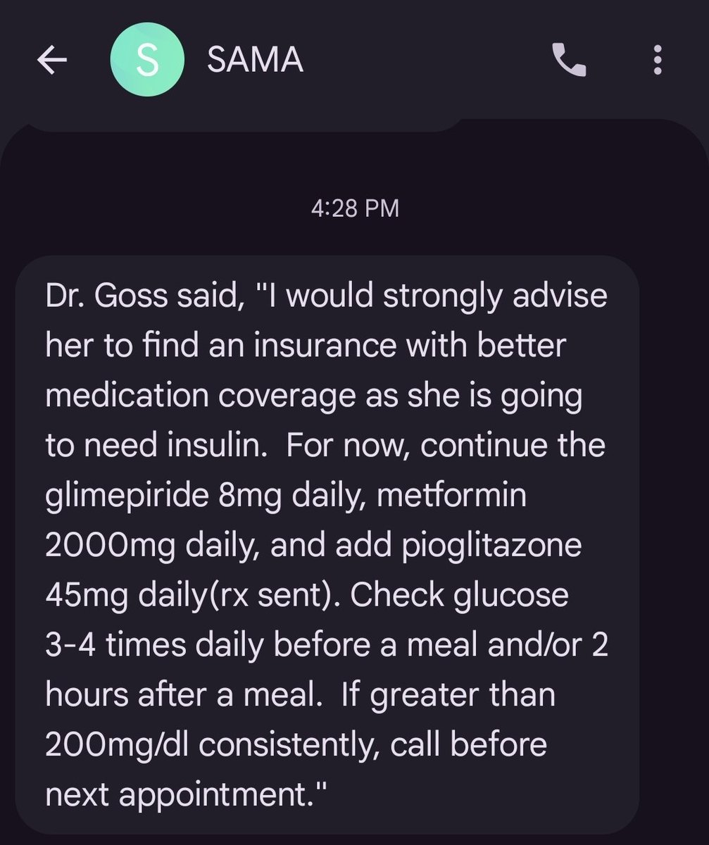 Heaether's tweet image. Told my doctor my insurance doesn't pay for prescriptions and I can't afford the $480/month for insulin. She sent me this message. And then I had to tell her that the insurance that has prescription coverage costs over $600/month. 💁🏻‍♀️