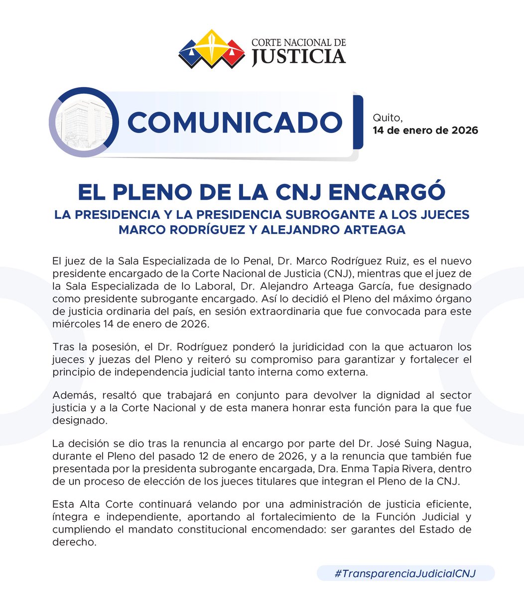 🔴 #ATENCIÓN 

El Pleno de la <a href="/CorteNacional/">Corte Nacional de Justicia</a> de Justicia  encargó la Presidencia y la Presidencia subrogante a los jueces Marco Rodríguez y Alejandro Arteaga.