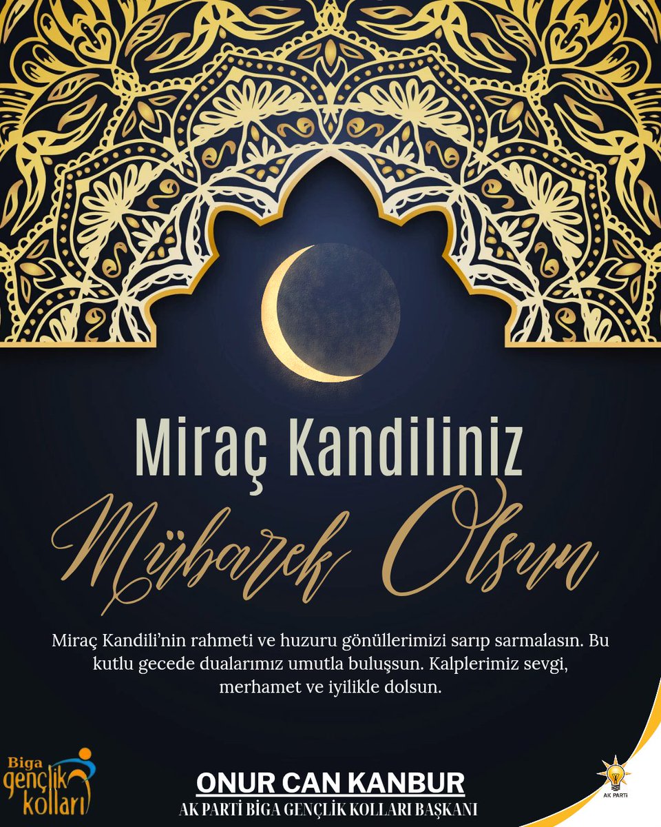 Alemlerin Sultanı Peygamber Efendimiz’in (s.a.v.) ilahî huzura yükseldiği Miraç gecesinin; kalplerimize huzur, gönüllerimize iman, milletimize birlik ve bereket getirmesini diliyoruz. 🌙
#MiraçKandilinizMübarekOlsun
#AKGençlik #BigaAKGençlik
