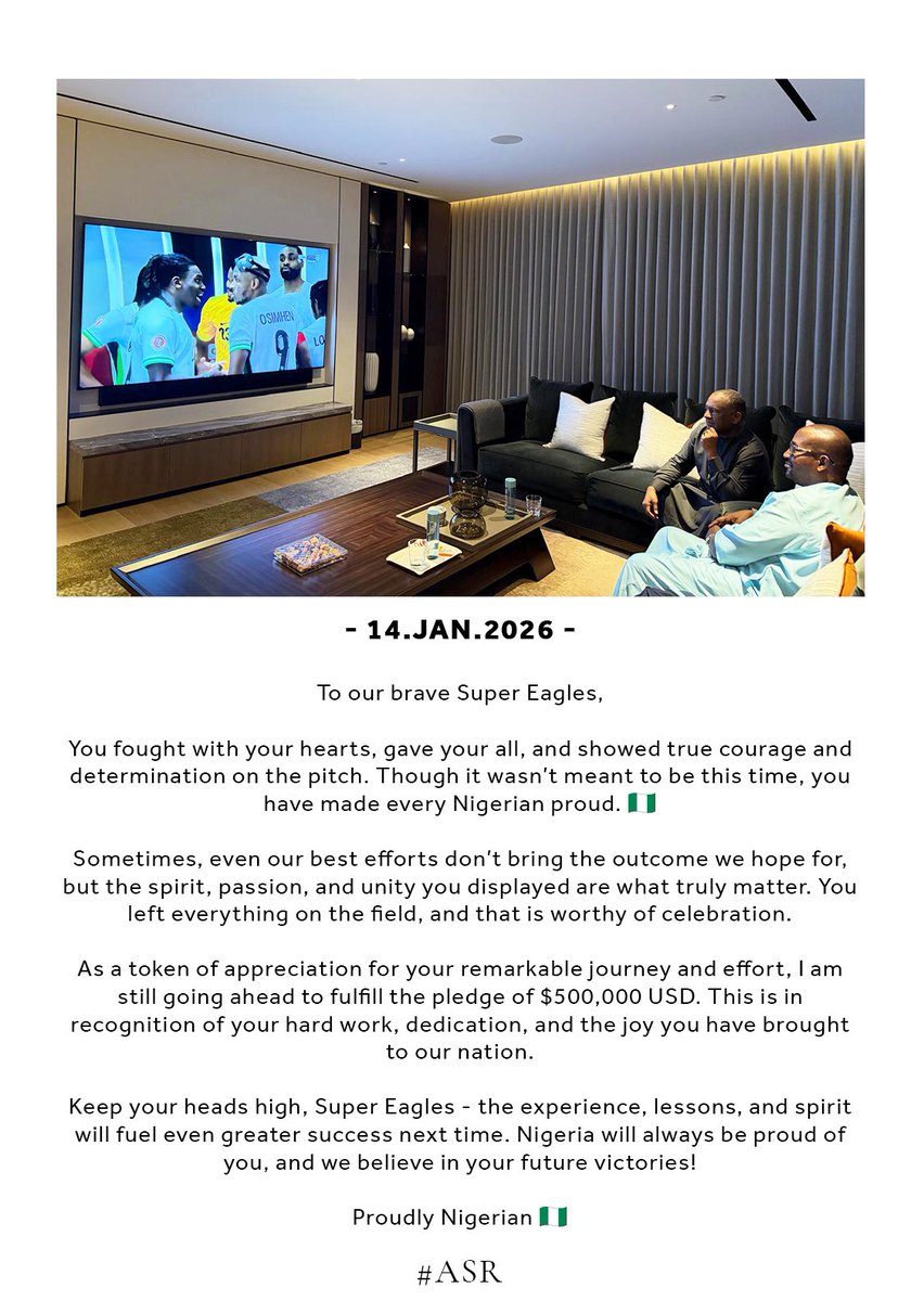 asr_rabiu's tweet image. 14 Jan. 2026

To our brave Super Eagles,

You fought with your hearts, gave your all, and showed true courage and determination on the pitch. Though it wasn’t meant to be this time, you have made every Nigerian proud. 🇳🇬

Sometimes, even our best efforts don’t bring the outcome…