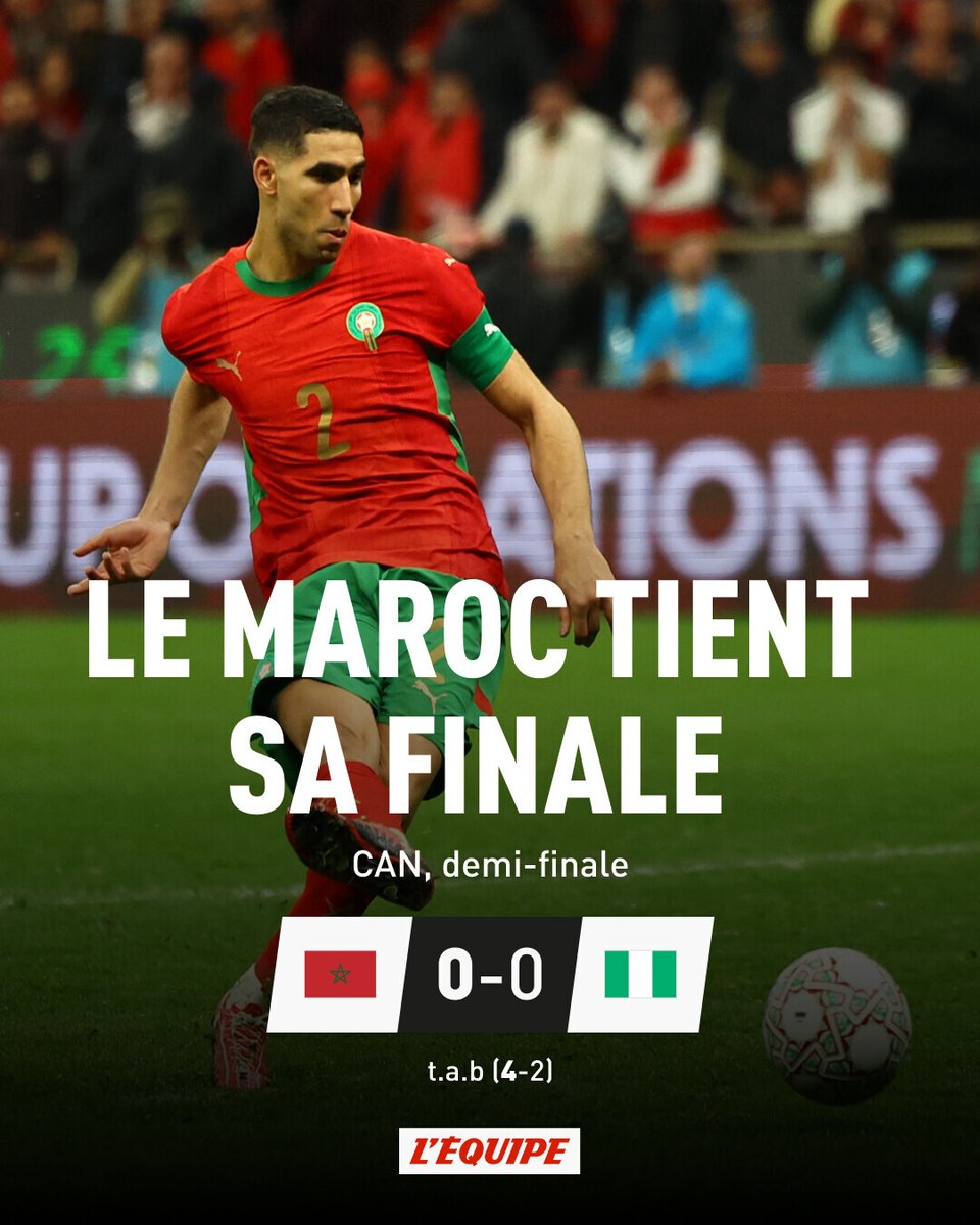 Le Maroc s'est qualifié au bout du suspense pour la finale aux dépens du Nigéria. Les Lions de l'Atlas ont eu besoin de la séance des tirs au but pour gagner le droit d'être sacrés à domicile. Ils affronteront le Sénégal en finale, dimanche (20 heures). l.lequipe.fr/ShT