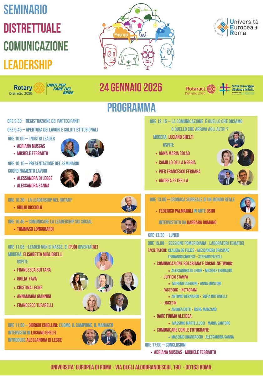 SEMINARIO DISTRETTUALE COMUNICAZIONE E LEADERSHIP
📅 Sabato 24 gennaio 2026
🕤 Dalle 9.30 alle 17.30
📍 Università Europea di Roma - Via degli Aldobrandeschi, n. 190
La prenotazione dovrà essere effettuata con il form allegato all'e-mail inviata dalla Segreteria del Distretto