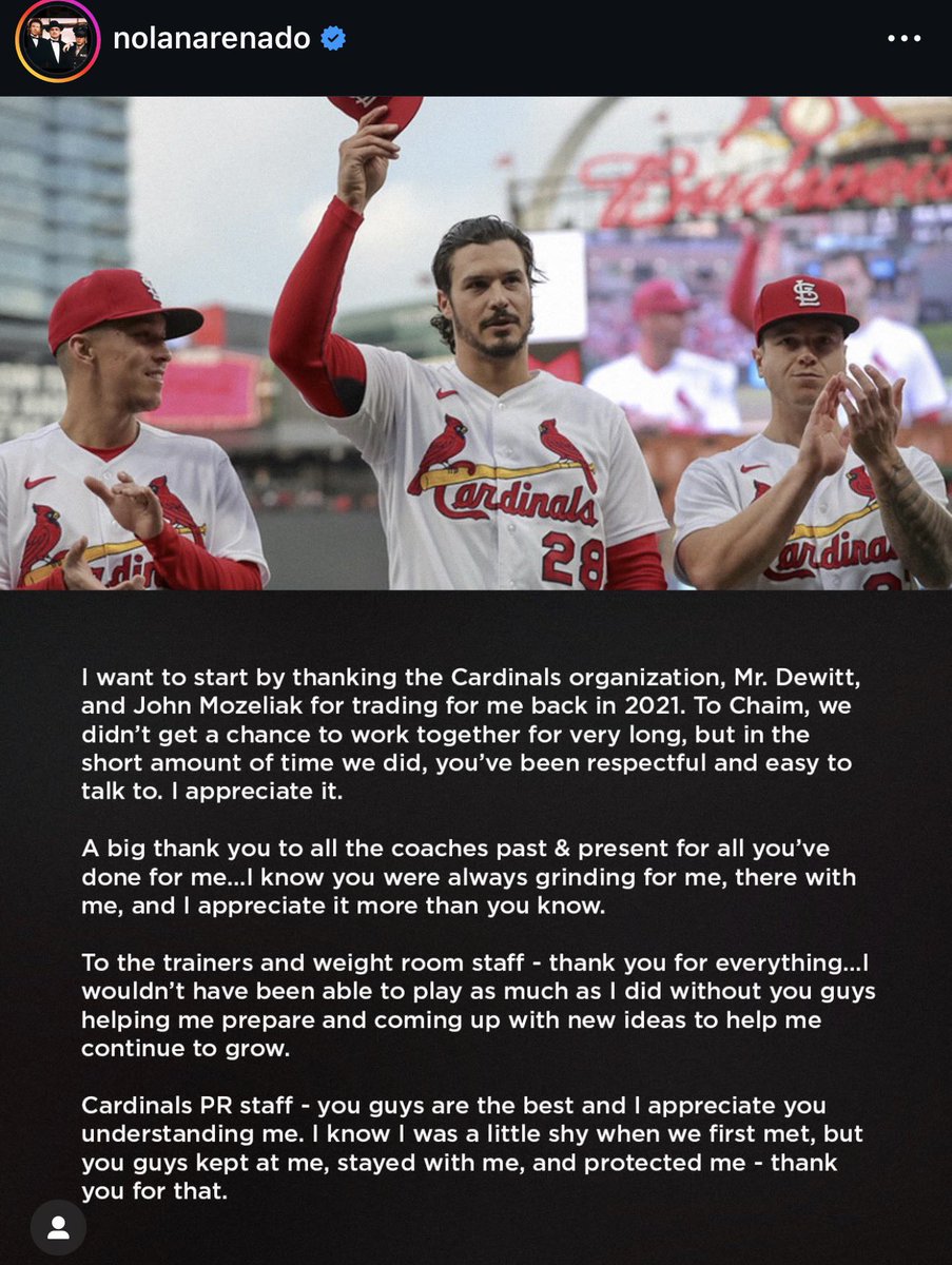 jmjones's tweet image. Nolan Arenado has posted a long, heart-felt thank you to St. Louis on Instagram, including a reference to Lars Nootbaar, “my son”: