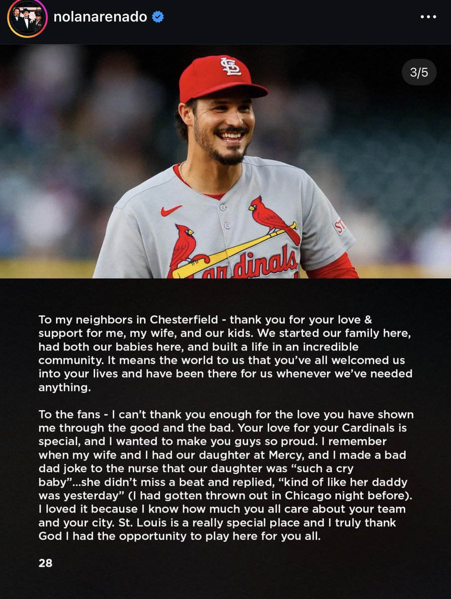 jmjones's tweet image. Nolan Arenado has posted a long, heart-felt thank you to St. Louis on Instagram, including a reference to Lars Nootbaar, “my son”:
