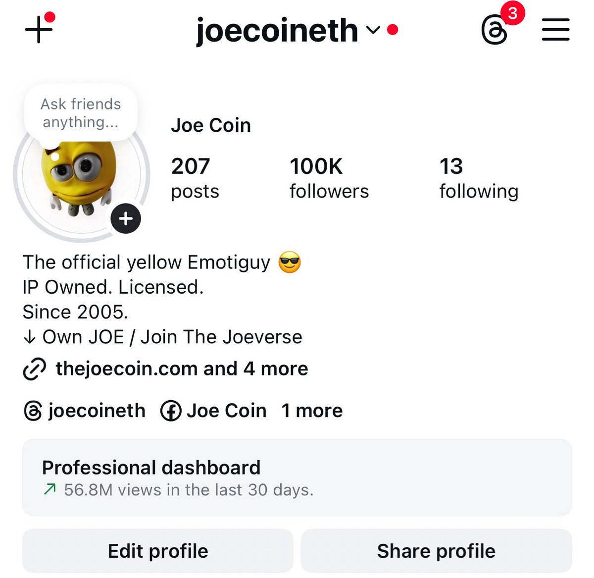 Vitamul's tweet image. 100,000 followers on $JOE Instagram.

56.8 MILLION views in 30 days.

17.8M interactions.

This is what organic, timeless IP looks like.

$JOE is inevitable 🟡