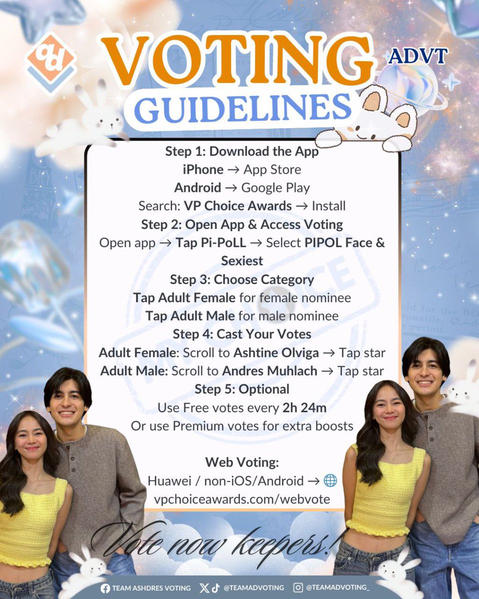 TeamADVoting's tweet image. 🗳️ VOTE FOR ASHDRES 🗳️

🏆 VPCA FACE OF THE YEAR 🏆
✅ Adult Female – Ashtine Olviga
✅ Adult Male – Andres Muhlach

📆 Voting Period: January 15 – February 14, 2026
📌 30 days to vote!

📖 Voting guidelines are posted below ⬇️

✨ PS: The voting team is still accepting members.…