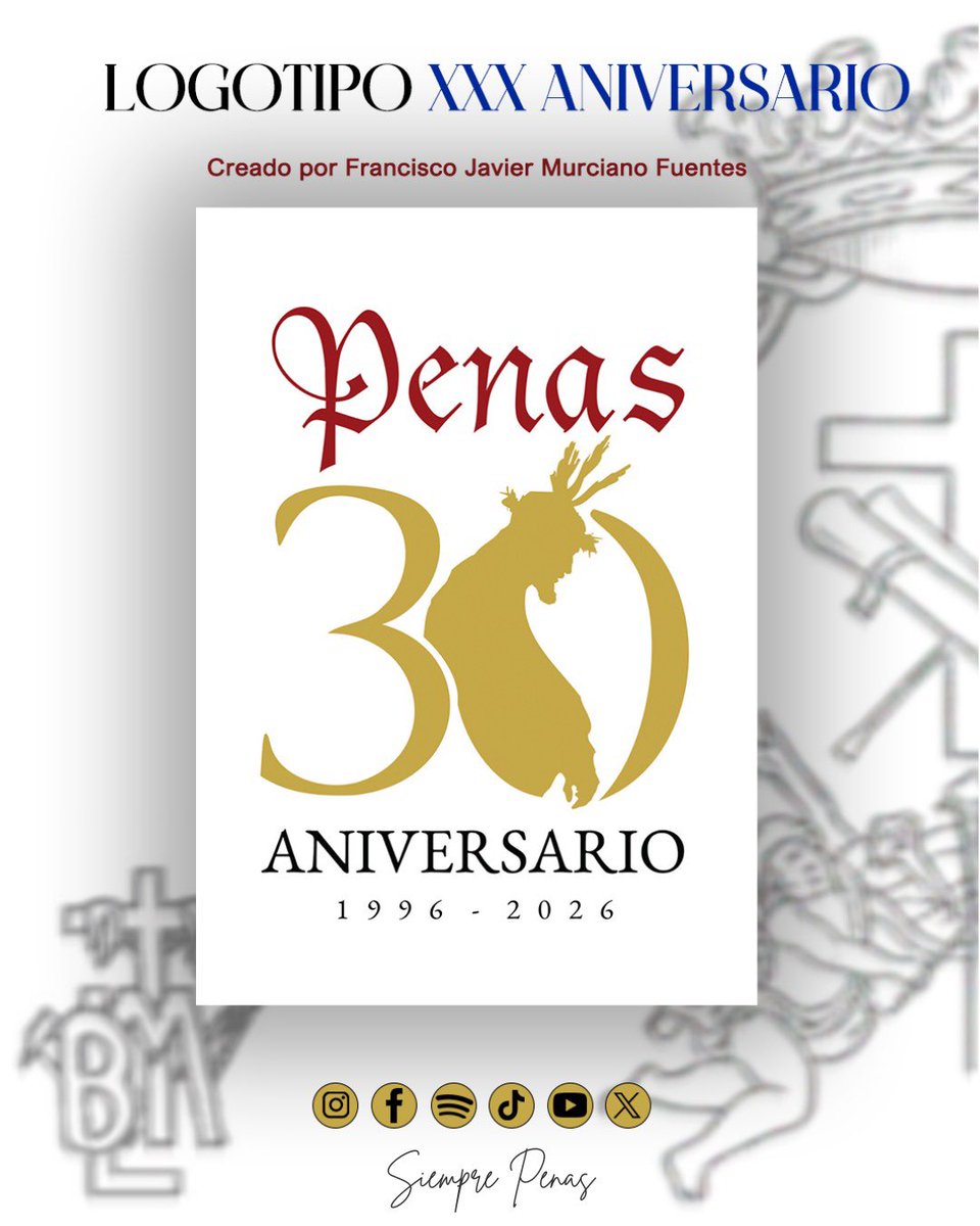 Os presentamos el logotipo del XXX Aniversario: 30 años de música, fe y hermandad.

Un logotipo que no solo identifica una fecha especial, sino que representa una historia viva llamada María Santísima de las Penas. 

#𝙎𝙞𝙚𝙢𝙥𝙧𝙚𝙋𝙚𝙣𝙖𝙨🎼🥁🎺