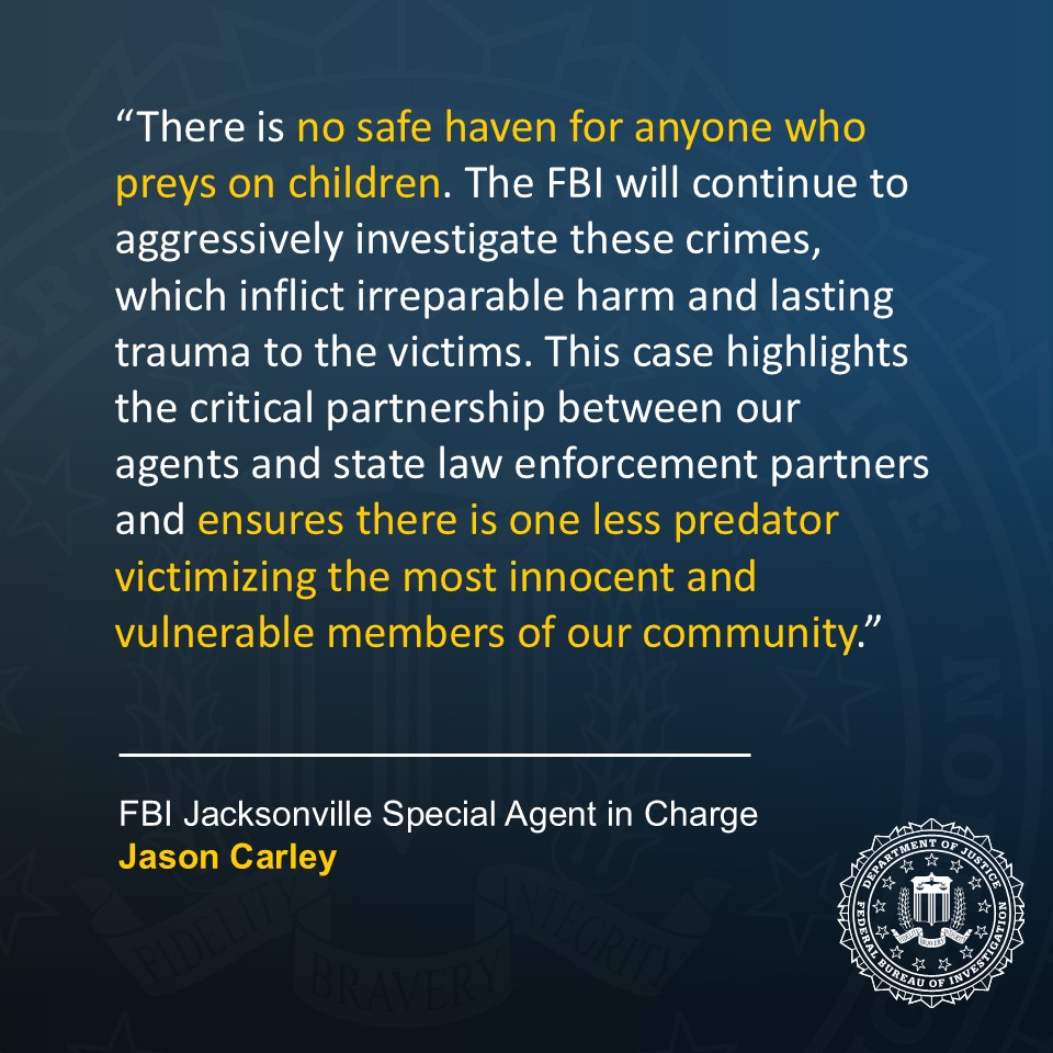 CASE UPDATE from <a href="/FBIJacksonville/">FBI Jacksonville</a>: Former Tallahassee Man Sentenced to 15 Years in Federal Prison for Child Exploitation Crimes

Read more about the investigation by the #FBI and our partners: justice.gov/usao-ndfl/pr/f…